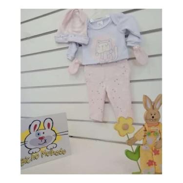 Imagem de Kit Pijama Longo, Touca e Luva Bebê Menina Bicho Molhado
