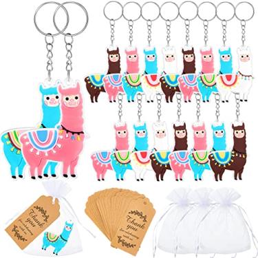 Imagem de 90 peças de lembrancinhas de festa de lhama 30 conjuntos de lembrancinhas de festa de aniversário de lhama, incluindo 30 chaveiros de lhama para crianças, lindos chaveiros de lhama 30 etiquetas de agradecimento, 30 bolsas de organza brancas para festa de aniversário, chá de bebê