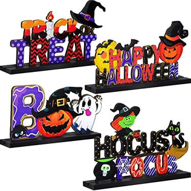 Imagem de 4 peças de placas de centro de madeira Feliz Dia das Bruxas, decorações de mesa de Halloween, topos de mesa com decoração de abóbora de bruxa decorações de Halloween para sala de aula de casa, 22,8 x