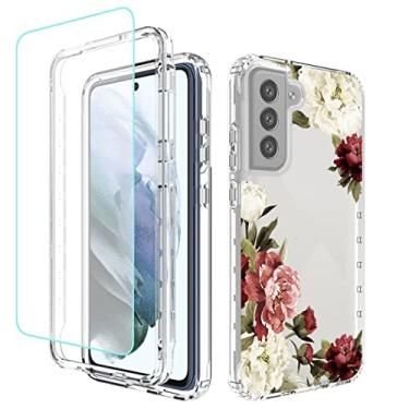 Imagem de Tothedu Capa de telefone para Galaxy S21 FE 5G, capa Samsung S21 FE SM-G990U com protetor de tela de vidro temperado, capa protetora de corpo inteiro padrão floral transparente para Samsung Galaxy S21 FE (flor)