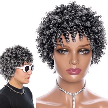Imagem de fallsea Perucas curtas para mulheres negras peruca de cabelo encaracolado perucas cinzas para mulheres negras peruca encaracolada afro com franja cabelo trançado afro primavera perucas curtas encaracoladas para mulheres negras (cinza)
