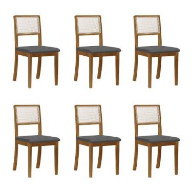 Imagem de Kit 6 Cadeiras De Jantar Palha Estofadas Linho Cinza Encosto Tela Sext