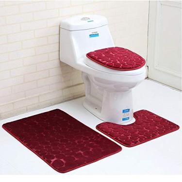 Imagem de Conjunto de tapetes de banheiro e pedestal luxuoso microfibra poliéster secagem rápida vaso sanitário antiderrapante borracha com 3 peças para banheiro e pedestal (vermelho)