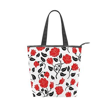 Imagem de Bolsa feminina de lona durável, vintage, rosas vermelhas, grande capacidade, sacola de compras
