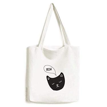 Imagem de Bolsa de lona preta com cabeça de gato Mewing Animal Bolsa de compras casual