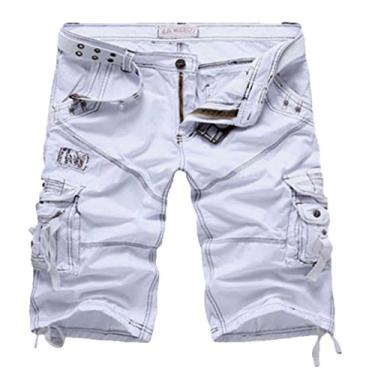 Imagem de Elonglin Bermuda cargo masculina de algodão, shorts cortados, cor lisa, SEM CINTO, Branco, Waist 32 (Asian 32)