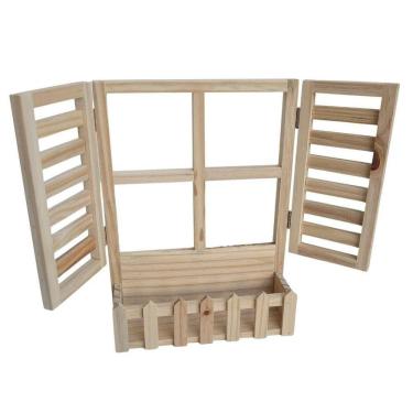 Imagem de Janela Veneziana com Floreira e cerquinha 23x32cm Pinus - Jeito Próprio Artesanato