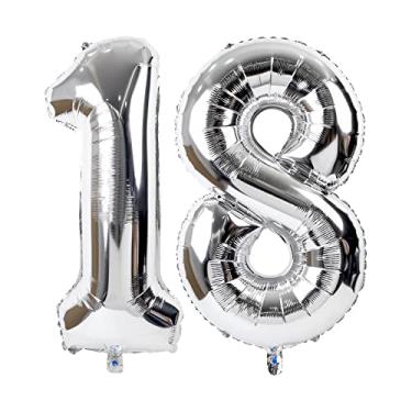 Imagem de Large Silver Balloon Number 18,40 Inch Silver 18th Mylar Foil Helium Birthday Decoration Balloons，Silver 18 Balloons For Wedding Anniversary Birthday Party Decors,18Year Old Boy Girl Birthday Balloons