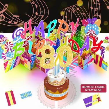 Imagem de Gumry 80TH Musical Birthday PopUp Card, Blowable LED Light Candle 3D Cards with Song 'HAPPY', Applause Cheers Sound,Color-Changing Lights,Colourful Greeting Cards for Women Men Turning 80 Years Old