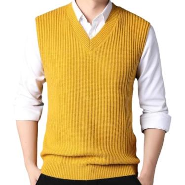 Imagem de Colete de malha masculino-pulôver camisola colete plus size S-4Xl outono inverno masculino malhas colete simples com decote em v/390 (Color : Yellow, Size : 4X-Large 81-85kg)