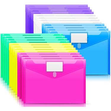 Imagem de Envelopes de plástico de poliéster, pacote com 24 envelopes de documentos transparentes da Sooez, envelopes de arquivos com tamanho A4 e letra dos EUA com bolso de etiqueta para organização escolar de escritório em casa, cores sortidas