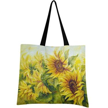 Imagem de visesunny Bolsa feminina grande de lona, bolsa de ombro, pintura a óleo, girassol ensolarado, alça de armazenamento, bolsa de compras casual reutilizável para praia, viagens, compras, livros