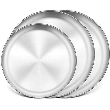 Imagem de P&P CHEF Forma de pizza de 30,5 cm + 33,5 cm + 33,5 cm, 3 peças de bandeja redonda de aço inoxidável para assar no forno, saudável e resistente, livre de ferrugem e lavável na lava-louças - prata