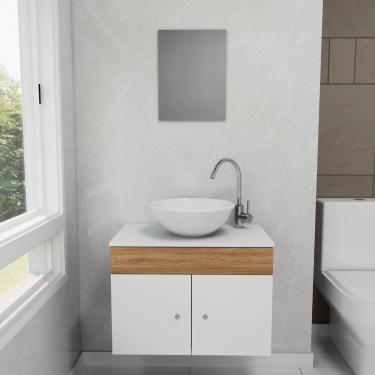 Imagem de Gabinete Armário para Banheiro com Pia Cuba e Espelho 60cm Balcão Suspenso Hanover/Branco