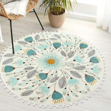 Imagem de Uphome Tapete redondo para quarto, círculo, 9,5 m, tapetes de banheiro fofos com franjas de pompons florais laváveis tapetes antiderrapantes macios para pia em pó entrada sala de estar berçário