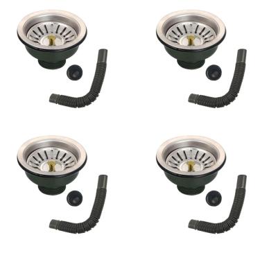 Imagem de Ralo Valvula Dreno Filtro de Pia 10x10 Kit 4 Unidades Inox Sifao Tubo de Escoamento Cozinha Lavabo Casa Lavanderia