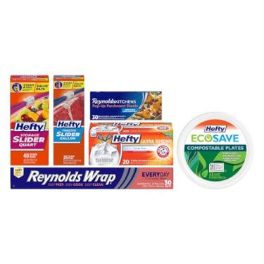 Imagem de Reynolds, Aluminum Foil, Pop-Up Parchment Sheets,Freezer Slider Bags Gallon,Storage Slider Bags Quart,EcoSave Compostable Plates,Ultra Strong Tall Kitchen Trash Bags, Unscented,1 CT (Variety Pack)