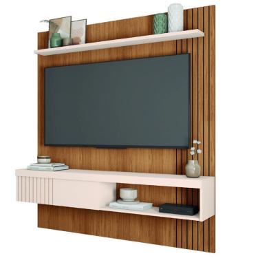 Imagem de Painel Ripado Para TV Até 55 Polegadas Com Prateleira e Nicho Manu Madeirado/Off White Caemmun