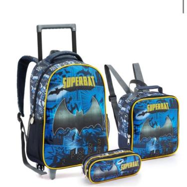 Imagem de Kit mochila lancheira estojo batman super bat rodinha menino - Utilida