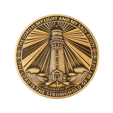 Imagem de Inspirational Bible Verse Coin with Lighthouse Design – Psalm 27:1 & Isaiah 41:10 KJV, Faith & Encouragement Keepsake