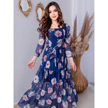 Imagem de Vestido de Tule Longo Soltinho Estampado Festa com Faixa e Manga - Fas