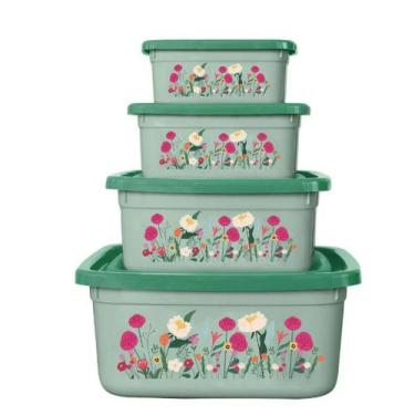 Imagem de Potes Verde Quadrados Floral 4 Peças - JW SHOP