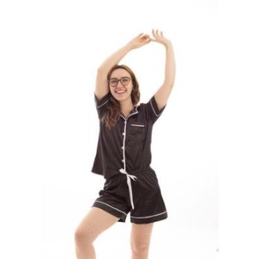 Imagem de Pijama feminino modelo americano em cetim toque de seda com elastano luxo-Feminino
