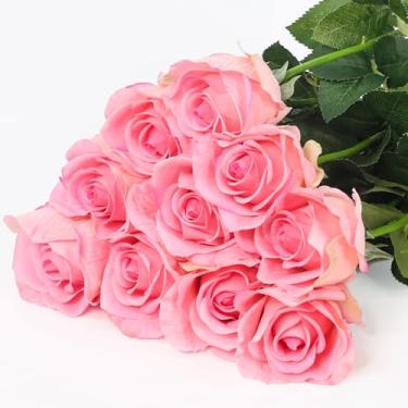 Imagem de AIPETREE Flores artificiais, 10 peças de rosas artificiais, haste longa, rosas hidratantes realistas para buquê de casamento, decoração de casa, rosa profundo