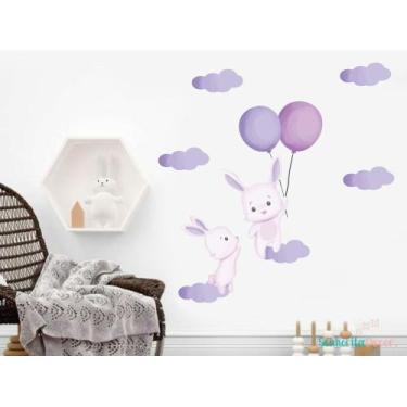 Imagem de adesivo de parede coelhinhos balões e nuvens aquarela - Senhorita Deco