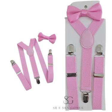 Imagem de Kit Suspensório Rosa Claro + Gravata Borboleta Infantil Para Pajens e 