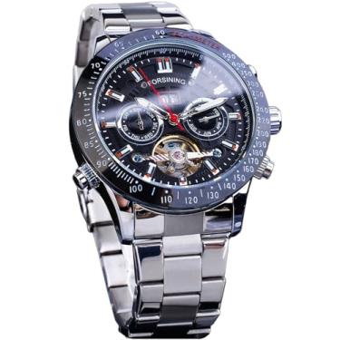 Imagem de FORSINING Relógio masculino Tourbillon mecânico com corda automática, calendário completo, calendário completo, taquímetro luminoso, multifuncional, relógio de pulso com pulseira de aço inoxidável com