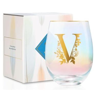 Imagem de Onebttl Presentes de vinho personalizados para mulheres, taça de vinho sem haste fofa com iniciais, presentes de monograma para amantes de vinho em aniversários de Natal, V