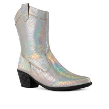 Imagem de Bota Botinha Feminina Country Salto Medio Holografica - Takata, Prata,