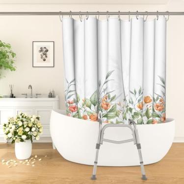 Imagem de ChloropLastid Cortina de chuveiro floral laranja dividida aquarela plantas tenda com folhas verdes floral boho cortinas de chuveiro para decoração de banheiro, 2 fendas verticais projetadas 183 x 182