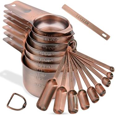 Imagem de conjunto de copos medidores e colheres medidoras, copos medidores banhados a cobre, aço inoxidável 7 copos medidores e 9 colheres medidoras 1 nivelador para panificação e cozinha, a: cobre