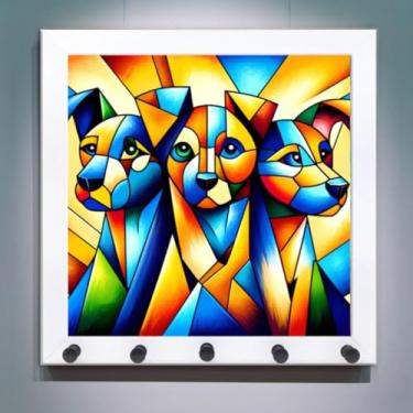 Imagem de Quadro Porta-chaves Decorativo para Parede com Penduradores de coleiras e chaves, com Imagem de cachorro, Estilo obra de arte. Ideais para Amantes de Cães, Decoração de Arte de Cães (3 Cães Coloridos)