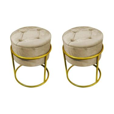 Imagem de Kit 2 Puffs Decorativos Redondo Com Capitonê Base De Ferro Dourada Tecido Veludo Bege