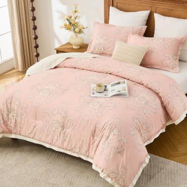 Imagem de PlushVibes Conjunto de edredom queen rosa, 100% algodão orágico, damasco, floral, 3 peças, tamanho Queen, leve, reversível de 400 fios, fofo, elegante, com 2 fronhas, 228 cm x 228 cm