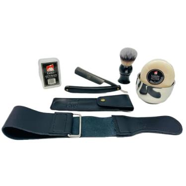 Imagem de GBS Beginner Hetero presente Navalha Set Folding 5/8" Shave Pronto multi madeira embutimento Escalas Aço Carbono Lâmina w/Case, Pedra de Afiar + 20" Couro Strop férias chefe Pai