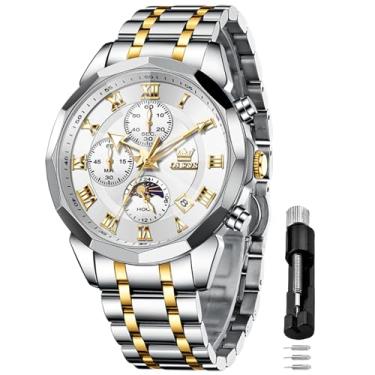 Imagem de OLEVS Relógio masculino cronógrafo de aço inoxidável com mostrador de data e fase da lua – Relógio de pulso de quartzo à prova d'água com mostrador grande de 43 mm, vestido luminoso, para homens,