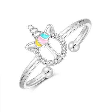 Imagem de CIVOKINA Anéis delicados de unicórnio com inicial para meninas, banhado a ouro 14 quilates/ouro rosa/prata para meninas, lindo anel infantil hipoalergênico, ajustável, com letras para presentes para