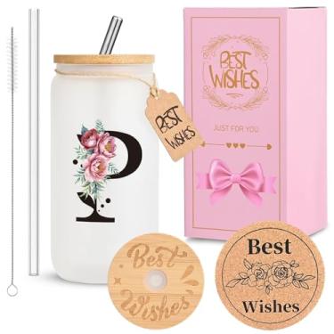 Imagem de HWJH Copo de vidro inicial personalizado para mulheres - copo de vidro à prova de vazamento de 473 ml com tampa e canudos, conjunto de presente monogramado, copo reutilizável fosco fosco para café,