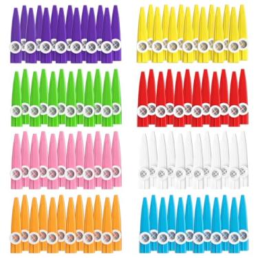 Imagem de 100 peças de instrumentos musicais Kazoos de plástico de 8 cores para crianças, itens a granel de caixa de sapatos infantis de Natal para operação, perfeitos para reuniões divertidas e enchimentos de