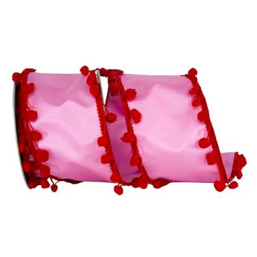 Imagem de Reliant Ribbon Fita de borda com fio Dupioni Deluxe com pompom, rosa/vermelho