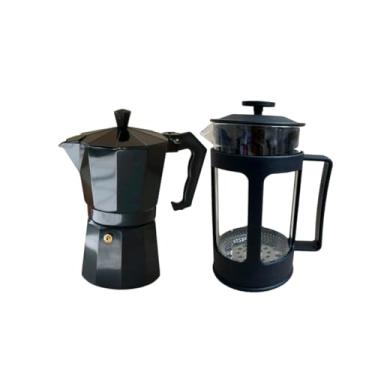 Imagem de Conjunto Café da Manhã Cremoso Cafeteira Italiana De Alumínio 3 Xícaras Manual 150ml Cor Preta + Cafeteira Prensa Francesa de Inox e Vidro 600ml Café Cremeira Chá Capuccino Cremoso