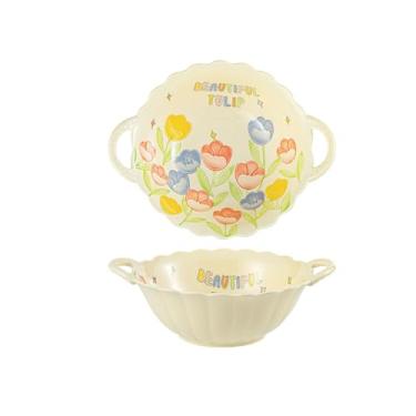 Imagem de Conjunto de pratos criativos em estilo japonês, utensílios de mesa de cerâmica para uso doméstico, tigela de sopa de arroz - tigela de orelha dupla de 24 cm () - esmalte amarelo