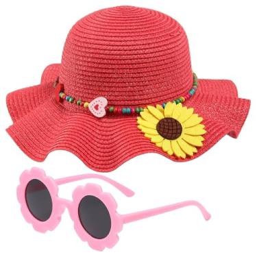 Imagem de Chapéu de palha para meninas com óculos de sol redondos de flor, chapéu de sol de palha infantil dobrável de verão com aba grande de girassol, 2-6 anos, Vermelho melancia