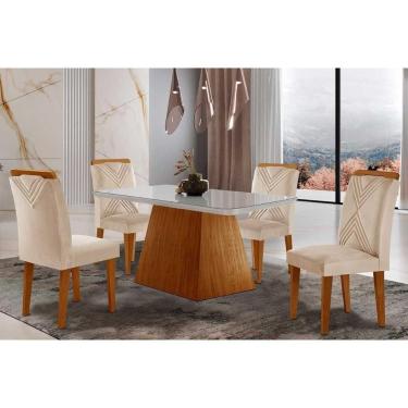 Imagem de Sala De Jantar Completa Luna Tampo Madeirado c- Vidro Canto Reto 120x80 E 4 Cadeiras Amsterdã Imbuia - Veludo Creme - Rufato