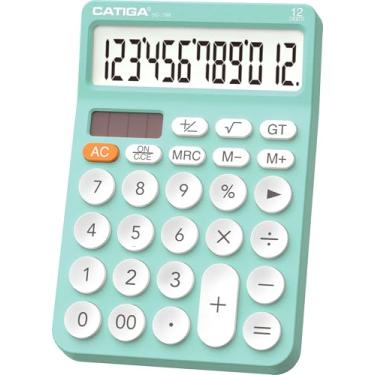 Imagem de CATIGA Calculadora de mesa de 12 dígitos com tela LCD grande, calculadora de 4 funções, botão grande de design redondo, energia solar e bateria dupla, função padrão para escritório, casa, escola, SD