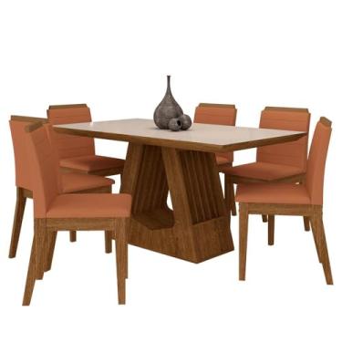 Imagem de Mesa Málaga 1,6 Com 6 Cadeiras Estofadas Freijó/off/terracota - M.a Freijó/off Premium/terracota